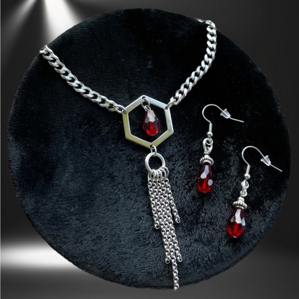 Stainless steel handmade set with dark red dangly crystal drops boho silver goth
